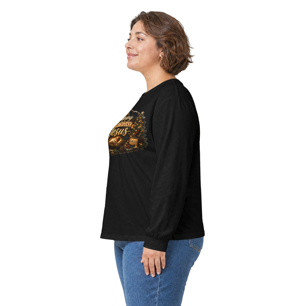 Happy Birthday Jesus Long Sleeve Tee | Nativity Christmas Religious Tee