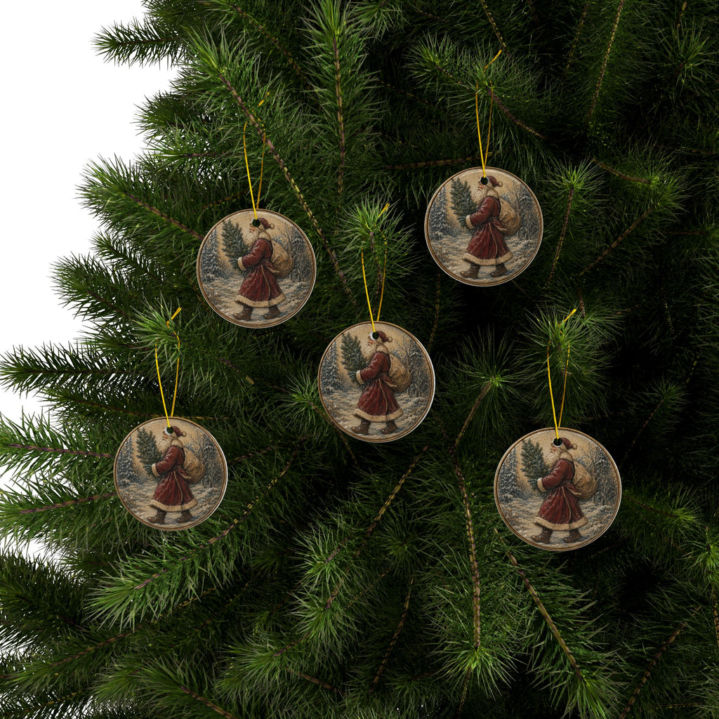 Vintage Santa with Tree Christmas Ornaments, 2-Side Print, (1pc, 3pcs, 5pcs, 10pcs)