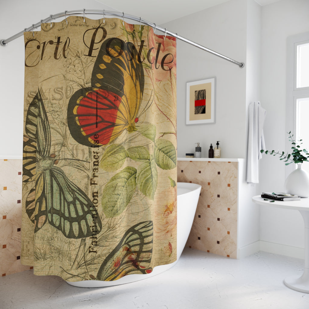 Vintage French Postcard Butterfly Shower Curtain