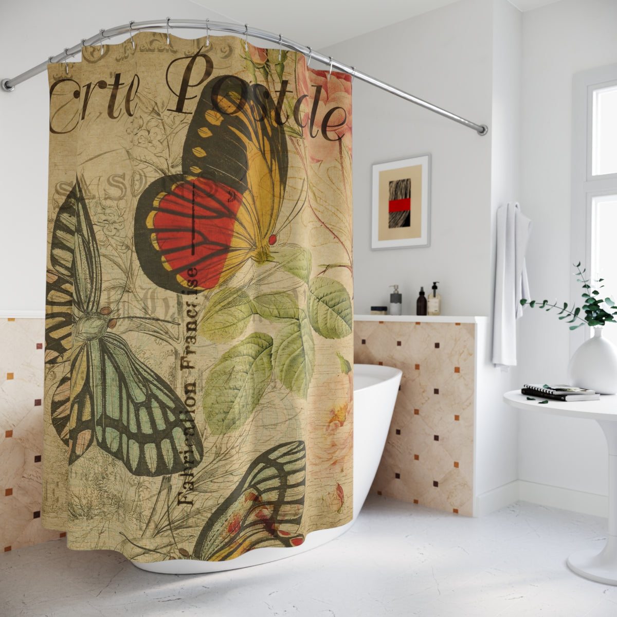 Vintage French Postcard Butterfly Shower Curtain