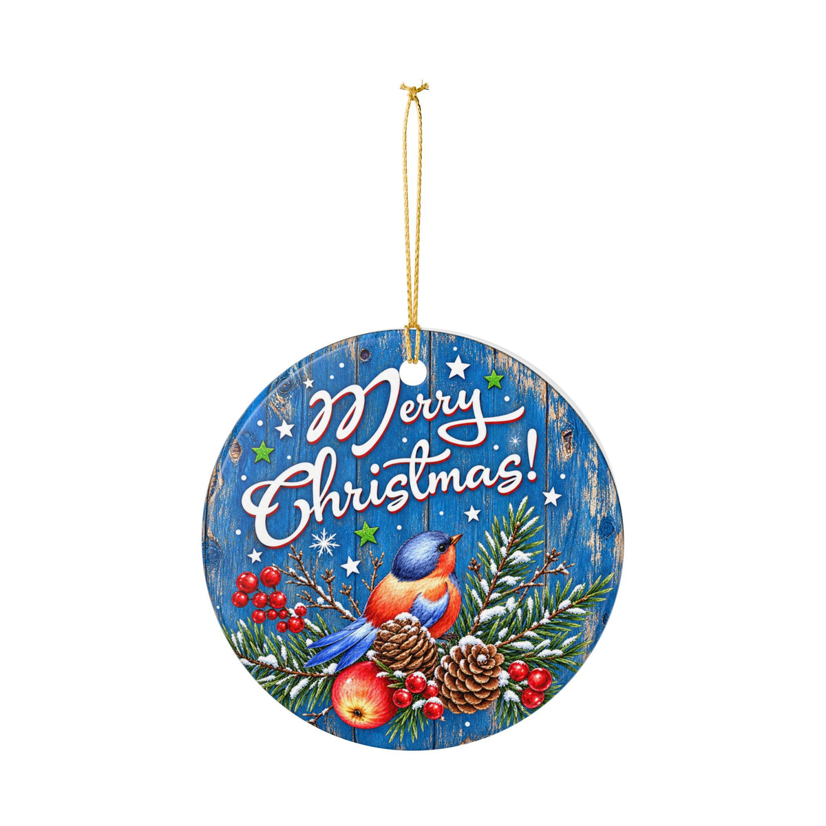 Merry Christmas Vintage Bluebird Greetings Winter Church Ceramic Decoration Ornament, (1pc)