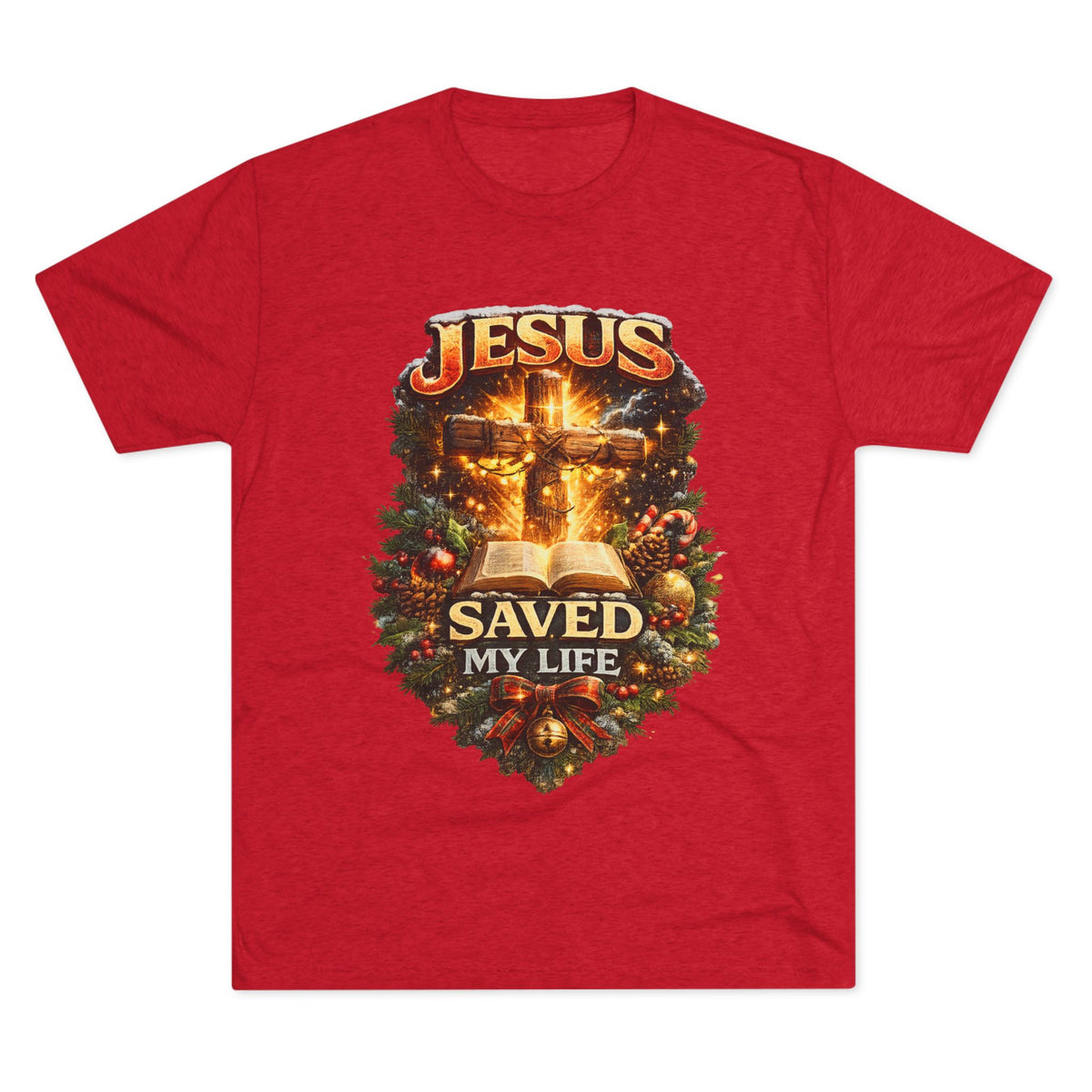 Jesus Saved My Life T-Shirt | Christian Cross Bible Christmas Wreath
