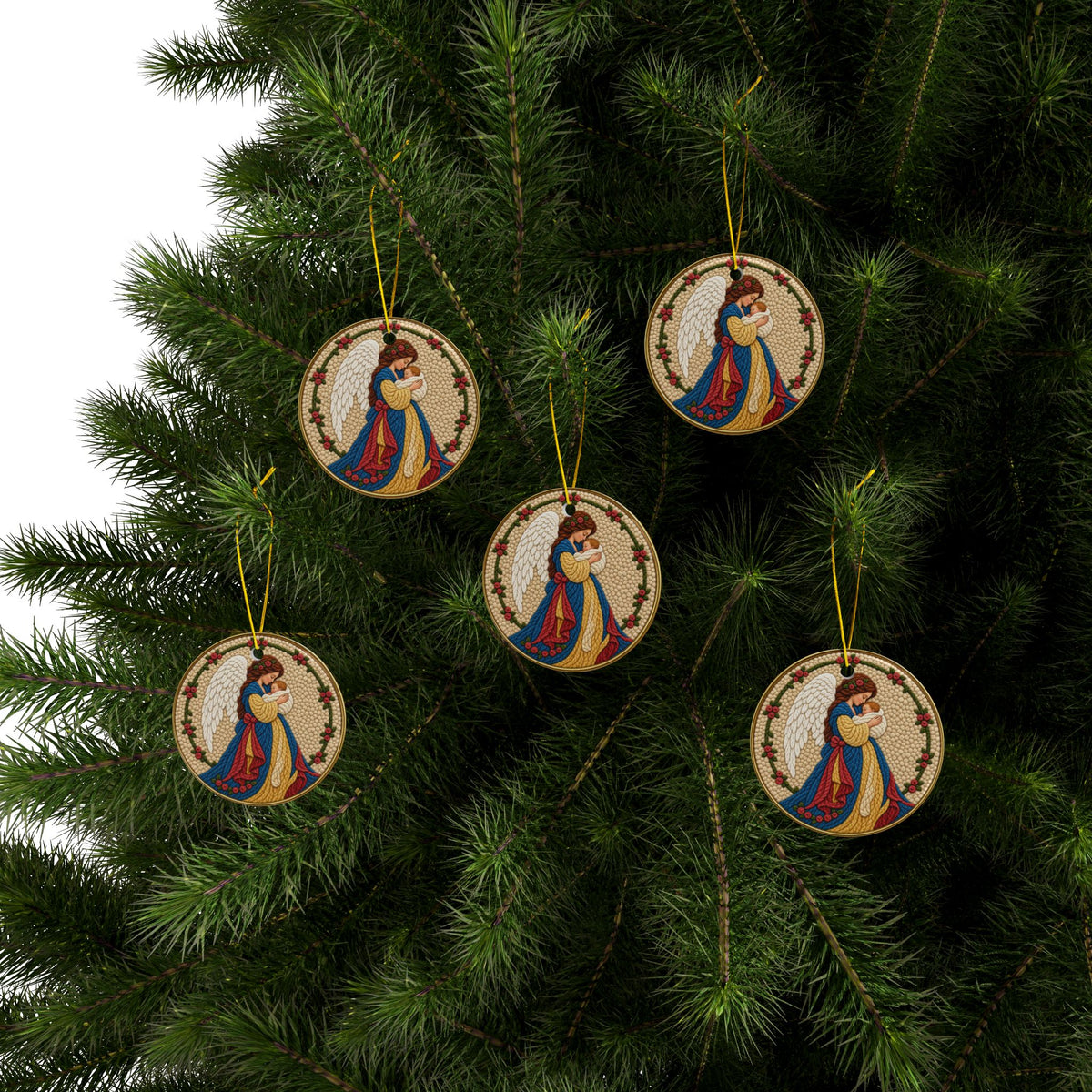 Angel Holding Baby Jesus Ceramic Christmas Ornaments, 2-Side Print, (1pc, 3pcs, 5pcs, 10pcs)