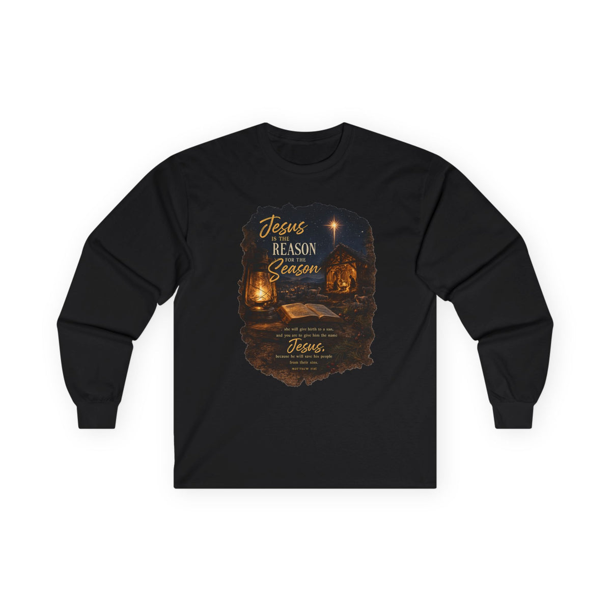 Jesus Reason Season nativity scene Long Sleeve Tee | Christian faith scripture design