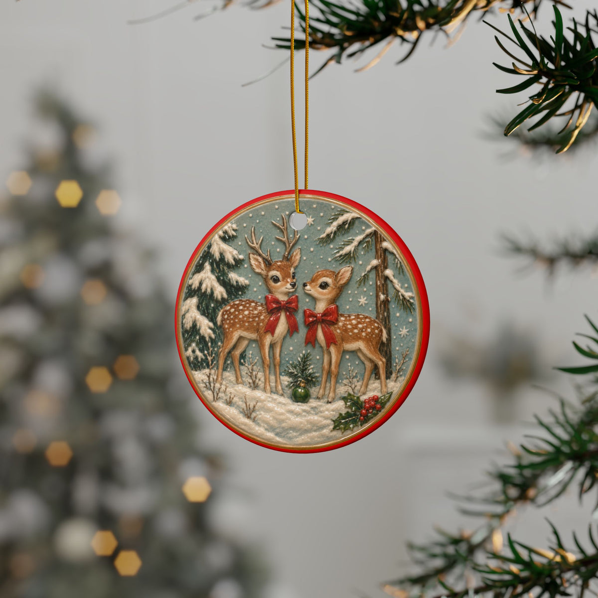 Vintage Reindeer Illustration Ceramic Ornament | Round Double-Sided Christmas Ornament