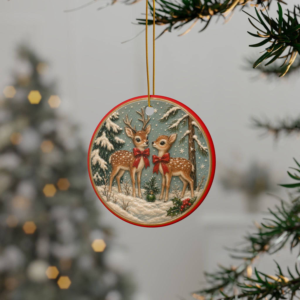 Vintage Reindeer Illustration Ceramic Ornament | Round Double-Sided Christmas Ornament