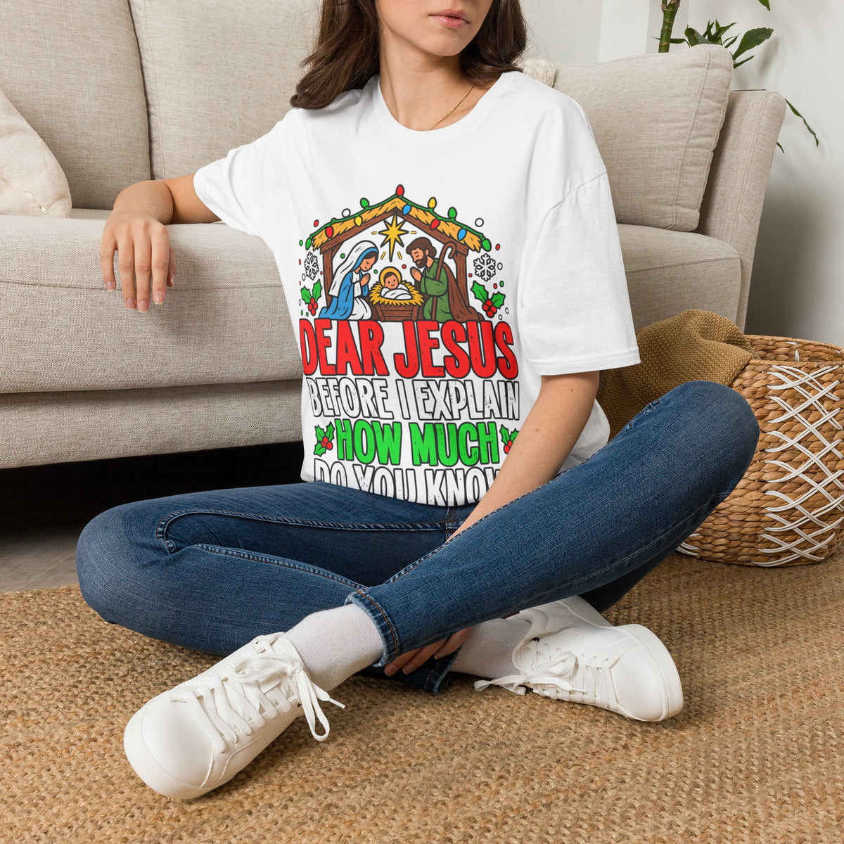 Dear Jesus Nativity Illustration T-Shirt | Humorous Religious Christmas Tee