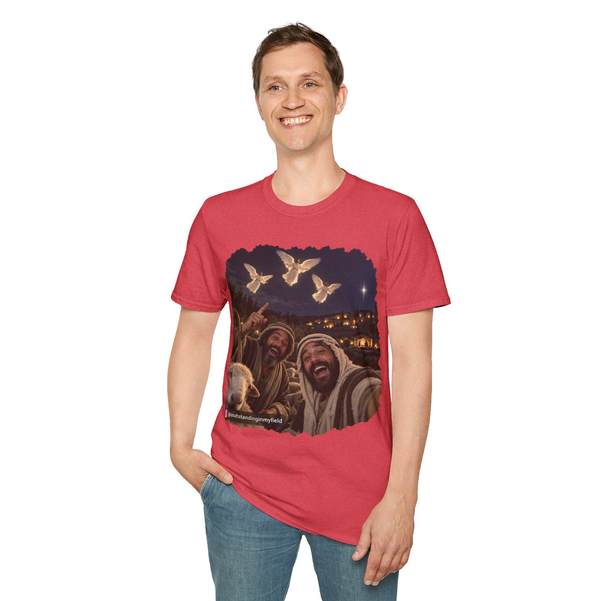 Shepherds Outstanding in the Field Christian Humor Unisex Softstyle Christmas T-Shirt