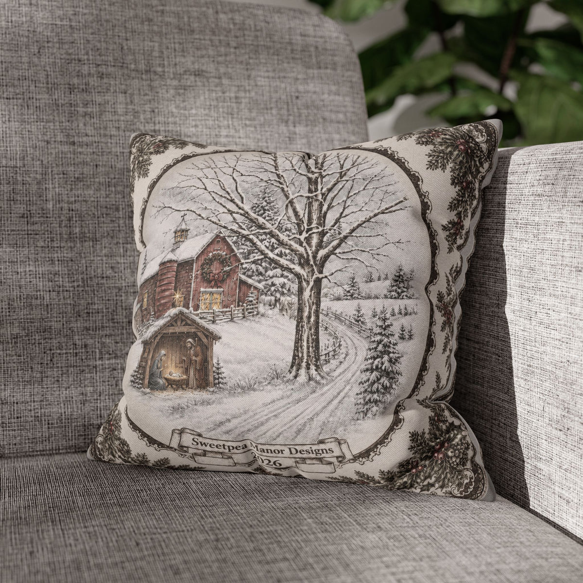 Winter Cabin Decorative Pillowcase — Snowy Village Scene Throw Pillow Cover