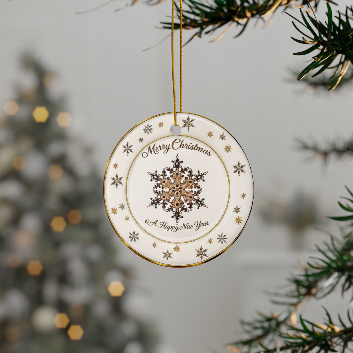 Lenox China inspired Ceramic golden snowflakes ceramic Christmas Ornaments, 2-Side Print, (1pc, 3pcs, 5pcs, 10pcs)