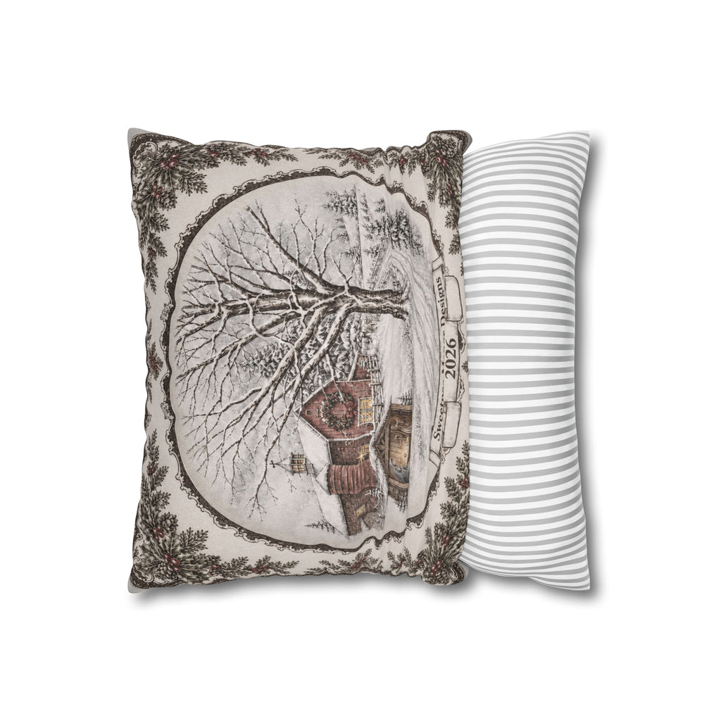 Winter Cabin Decorative Pillowcase — Snowy Village Scene Throw Pillow Cover