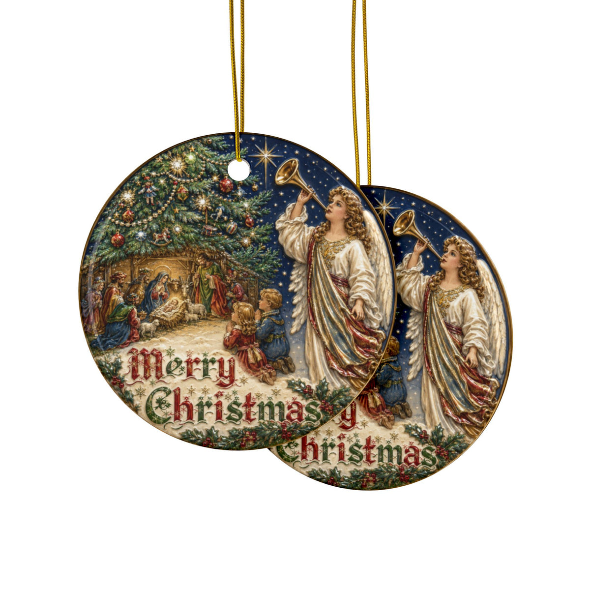 Vintage Children with Nativity Ceramic Christmas Ornaments, 2-Side Print, (1pc, 3pcs, 5pcs, 10pcs)