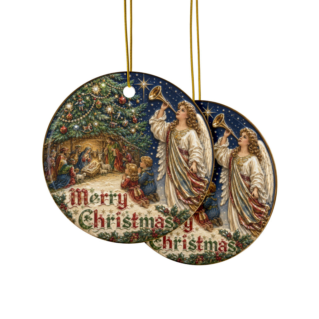 Vintage Children with Nativity Ceramic Christmas Ornaments, 2-Side Print, (1pc, 3pcs, 5pcs, 10pcs)