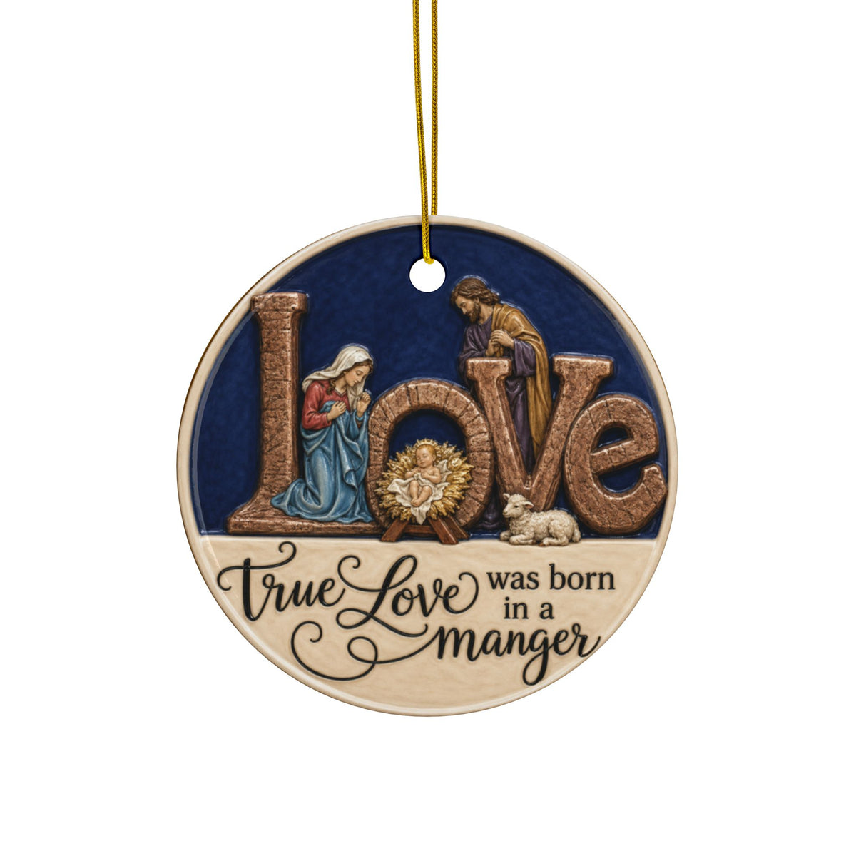 Vintage Nativity True Love was born in a Manger Christmas Ornaments, 2-Side Print, (1pc, 3pcs, 5pcs, 10pcs)