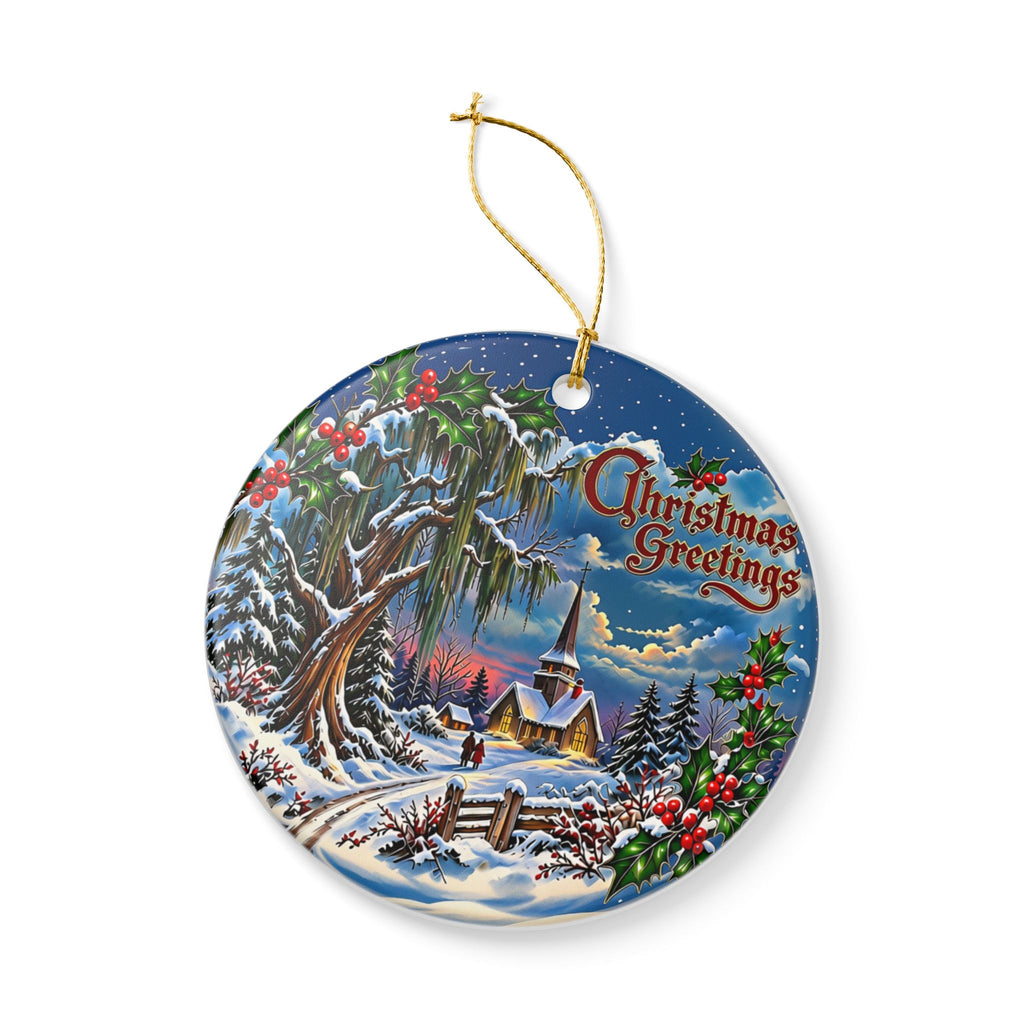 Christmas Greetings Winter Church Ceramic Decoration Ornament, (1pc)