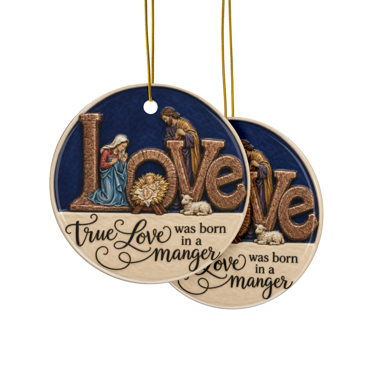 Vintage Nativity True Love was born in a Manger Christmas Ornaments, 2-Side Print, (1pc, 3pcs, 5pcs, 10pcs)