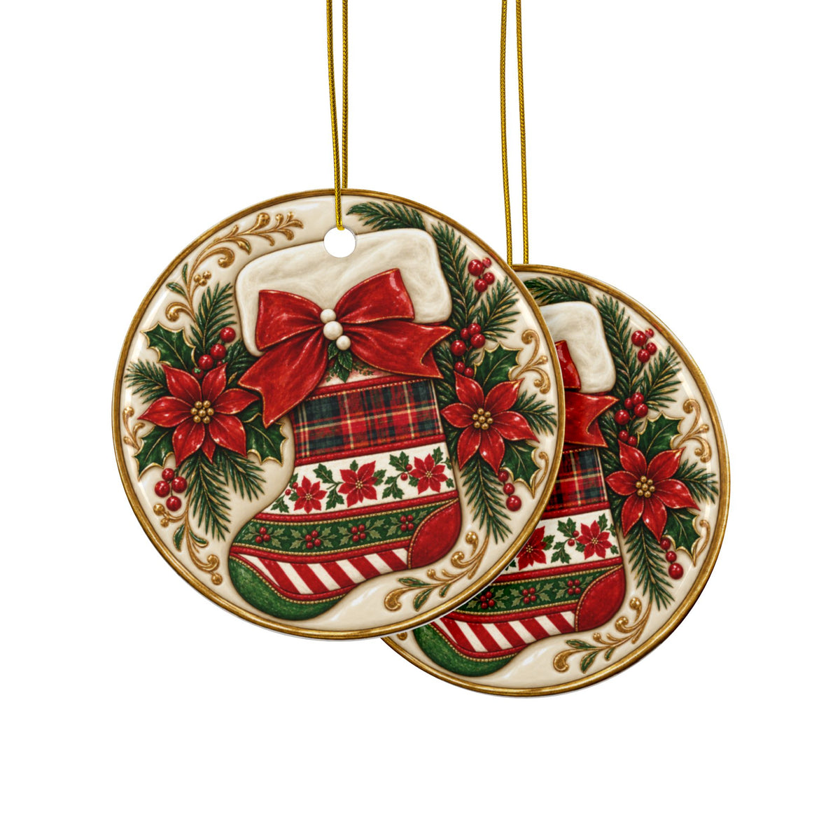 Traditional Christmas Stocking Ceramic Ornament | Red Green Gold Holiday Décor | Sets of 1, 3, 5 or 10