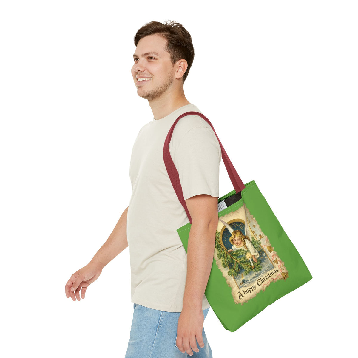 Vintage Angel Christmas Tote Bag — "A Happy Christmas" Holiday Shopper