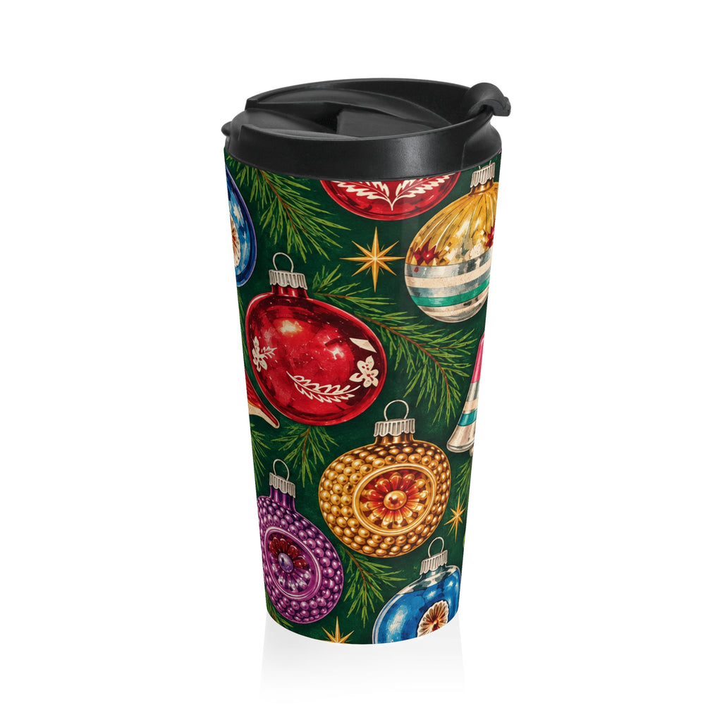 Vintage Christmas Ornaments Travel Mug | Holiday Bird & Baubles