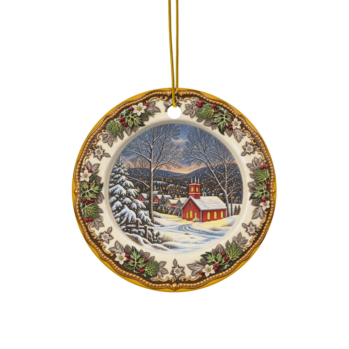Ceramic Ornament — Vintage Snowy Church Christmas Tree Decoration (Double-Sided)
