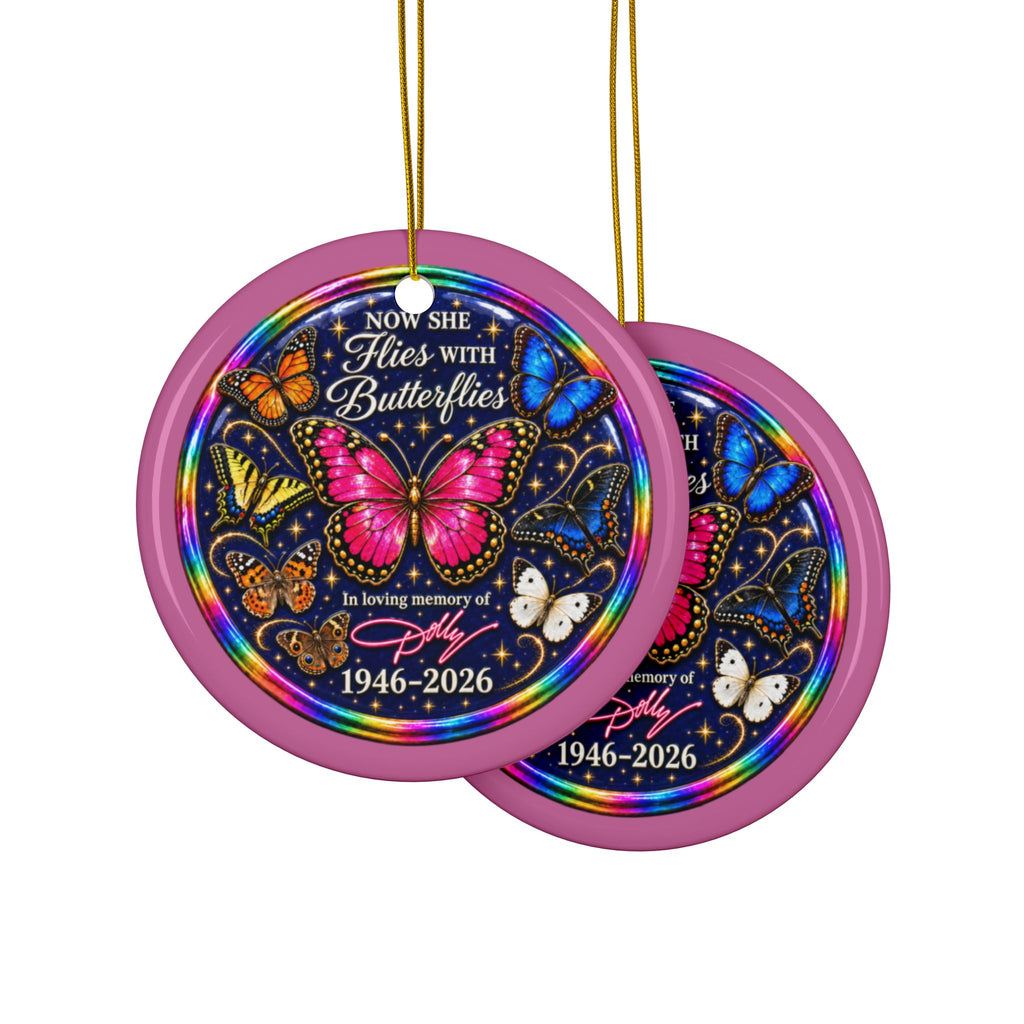 Dolly Remembrance Now She Flies With Butterflies Ceramic Christmas Ornament | Sets of 1, 3, 5 or 10