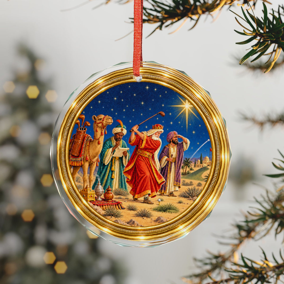 Three Wise Men Golfing Glass Christmas Ornament, Single