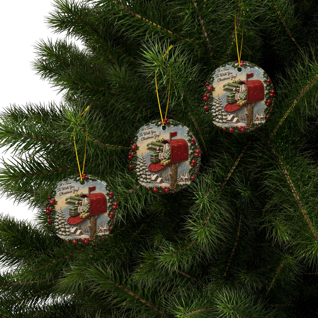 Vintage Red Mailbox Christmas Joy Ceramic Christmas Ornaments, 2-Side Print, (1pc, 3pcs, 5pcs, 10pcs)