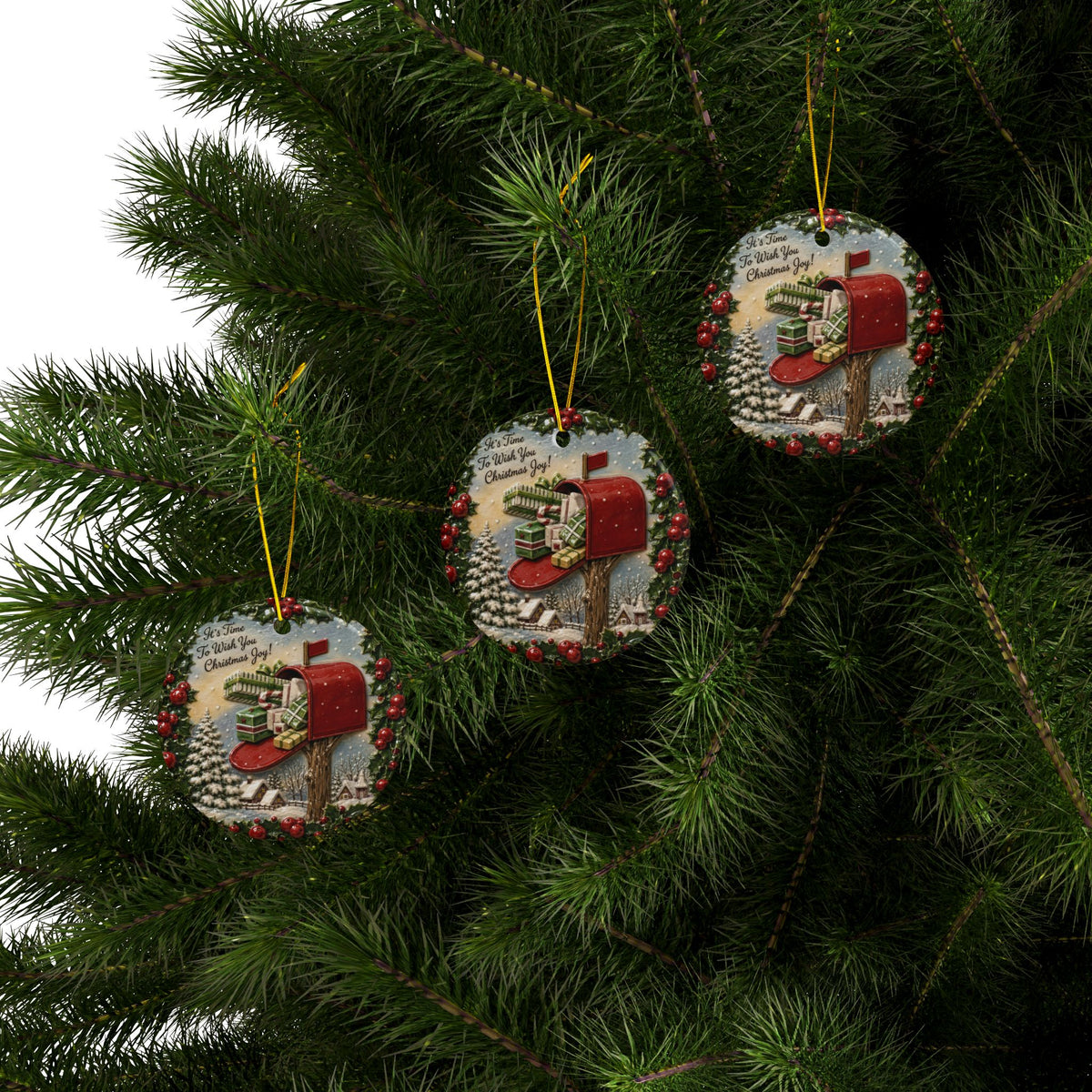 Vintage Red Mailbox Christmas Joy Ceramic Christmas Ornaments, 2-Side Print, (1pc, 3pcs, 5pcs, 10pcs)