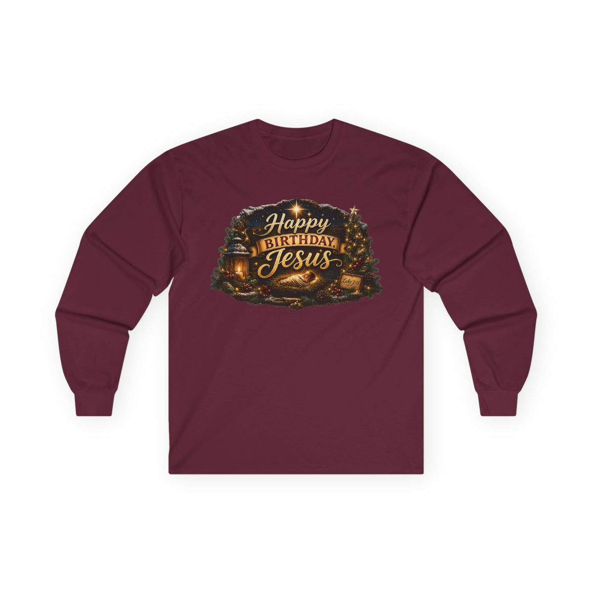 Happy Birthday Jesus Long Sleeve Tee | Nativity Christmas Religious Tee