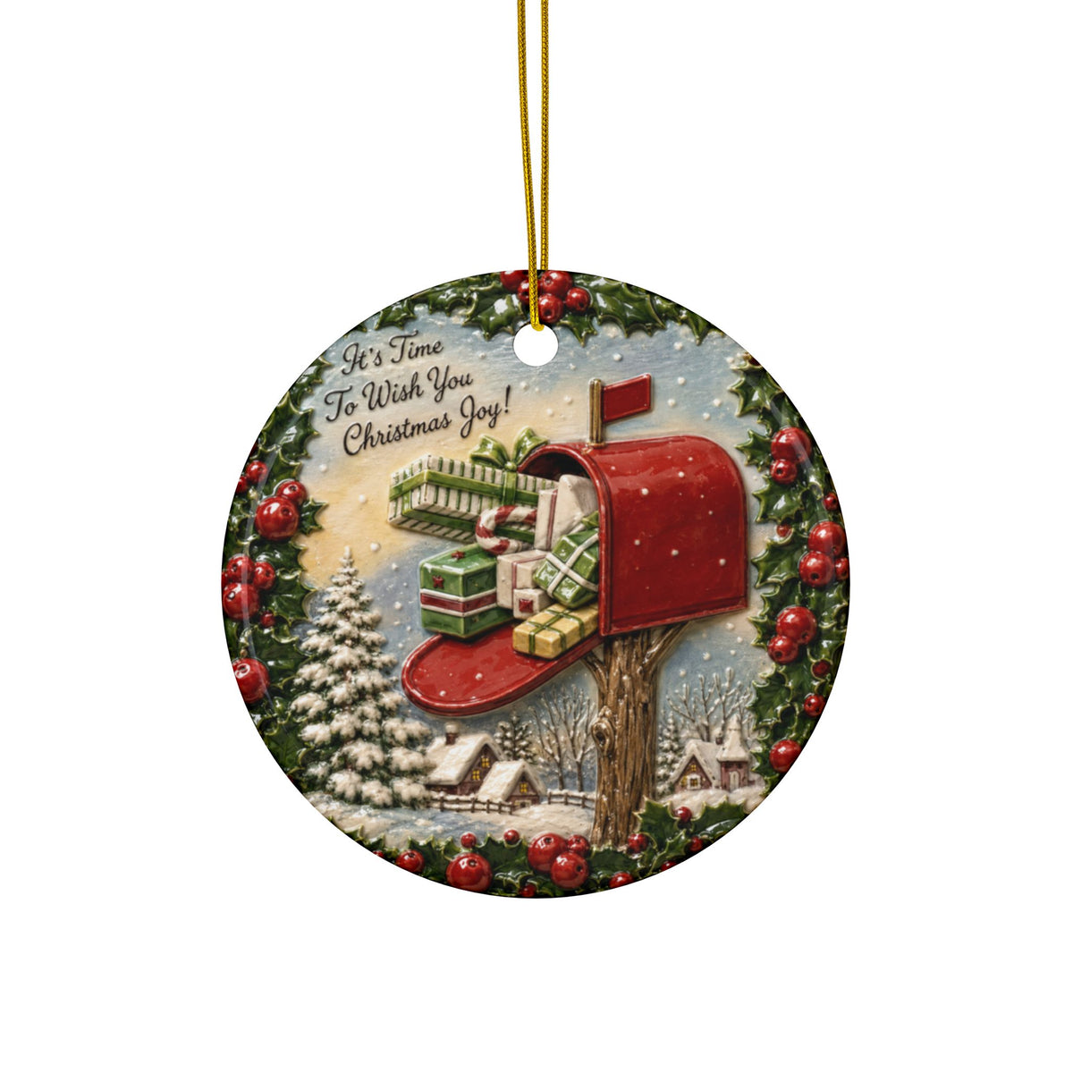 Vintage Red Mailbox Christmas Joy Ceramic Christmas Ornaments, 2-Side Print, (1pc, 3pcs, 5pcs, 10pcs)