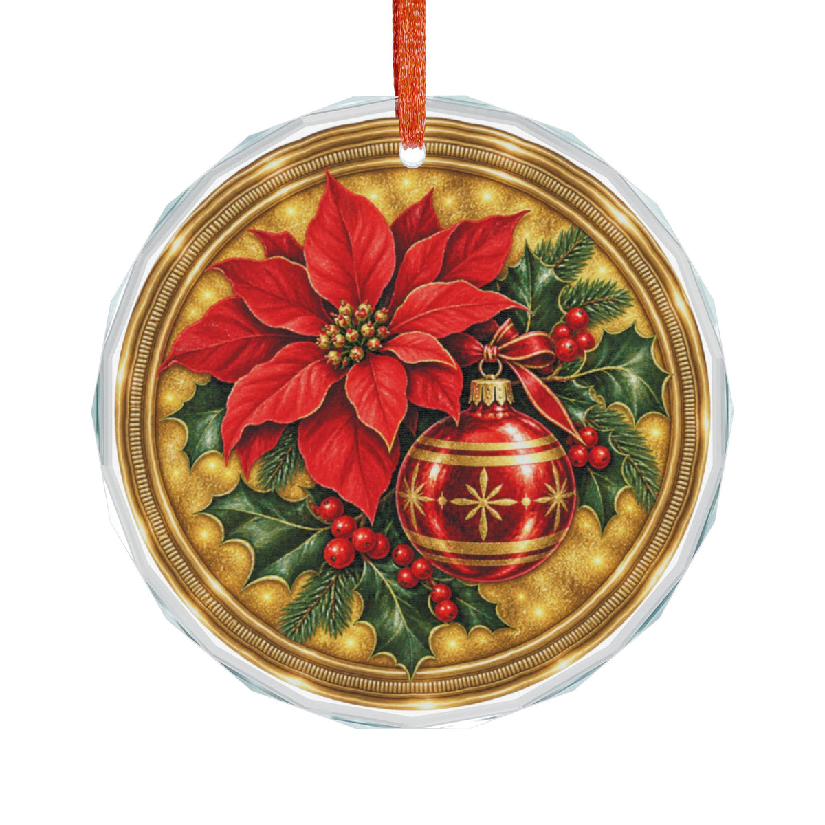 Vintage Midcentury Poinsettia and Holly Berries Glass Ornament, Single