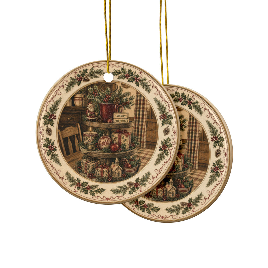 Original Transfer Ware Rustic Christmas Kitchen Ceramic Ornaments, 2-Side Print, (1pc, 3pcs, 5pcs, 10pcs)