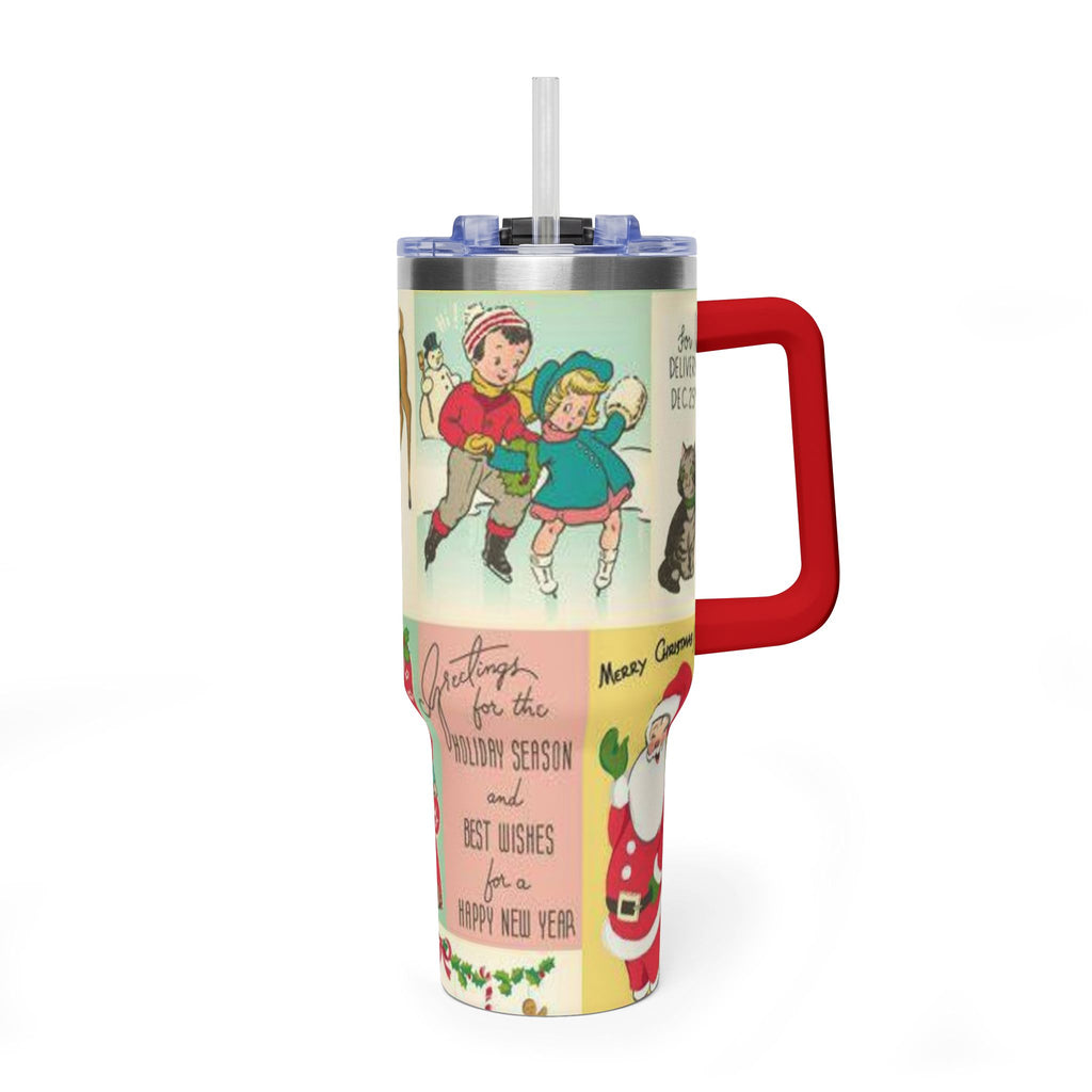 Vintage Christmas Card Tumbler 40oz | Retro Reindeer, Carolers, Snowman
