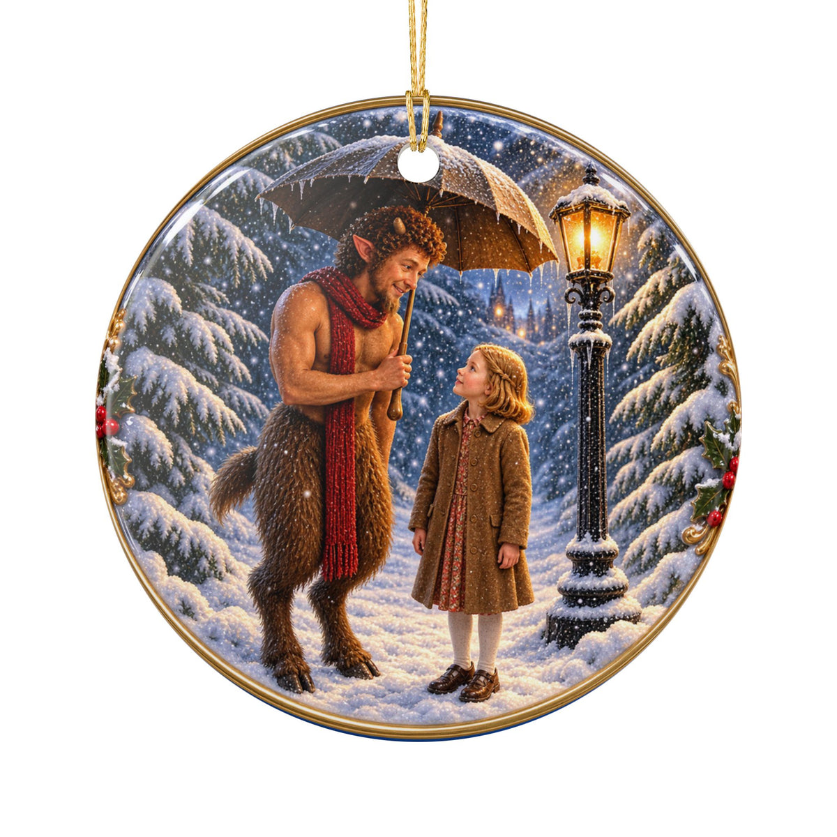 Ceramic Ornament — Winter Wardrobe Portal & Snowy Satyr Scene (2-Sided Holiday Decoration)