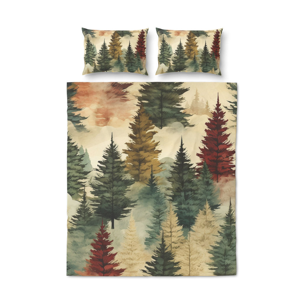 Forest Watercolor Quilt Cover Set – Rustic Tree Bedding (3-Piece)
