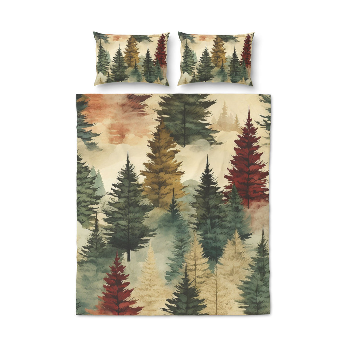 Forest Watercolor Quilt Cover Set – Rustic Tree Bedding (3-Piece)