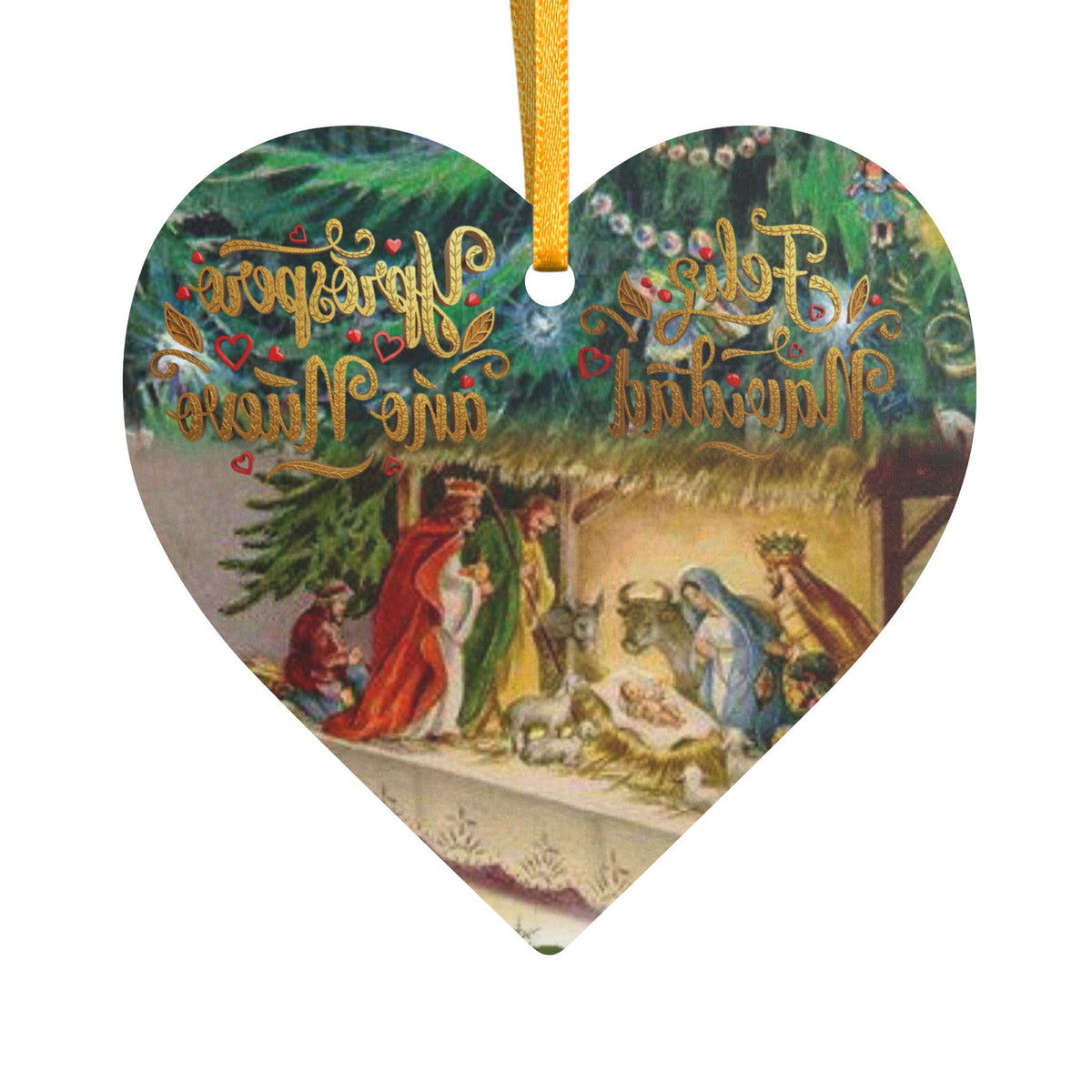 Christmas Nativity Feliz Navidad Heart Shaped Acrylic Ornament