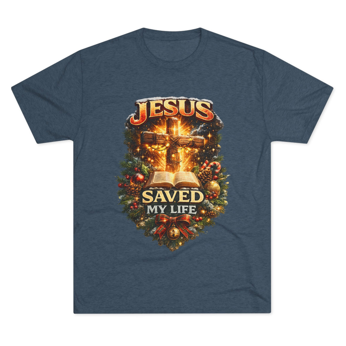 Jesus Saved My Life T-Shirt | Christian Cross Bible Christmas Wreath