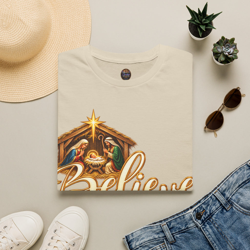 Nativity Manger Believe T-Shirt | Christmas Religious Holiday Tee