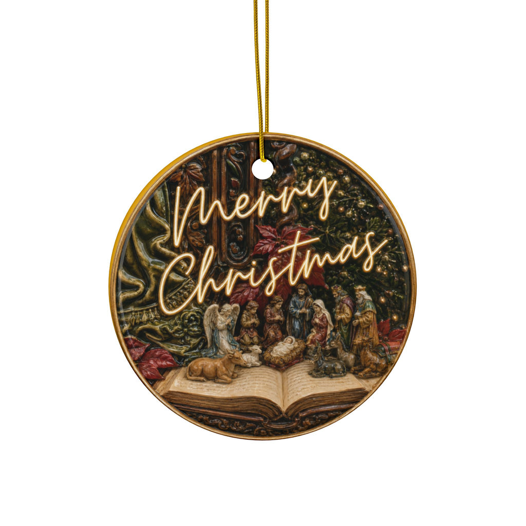 Vintage Nativity on Open Bible Christmas Ornaments, 2-Side Print, (1pc, 3pcs, 5pcs, 10pcs)
